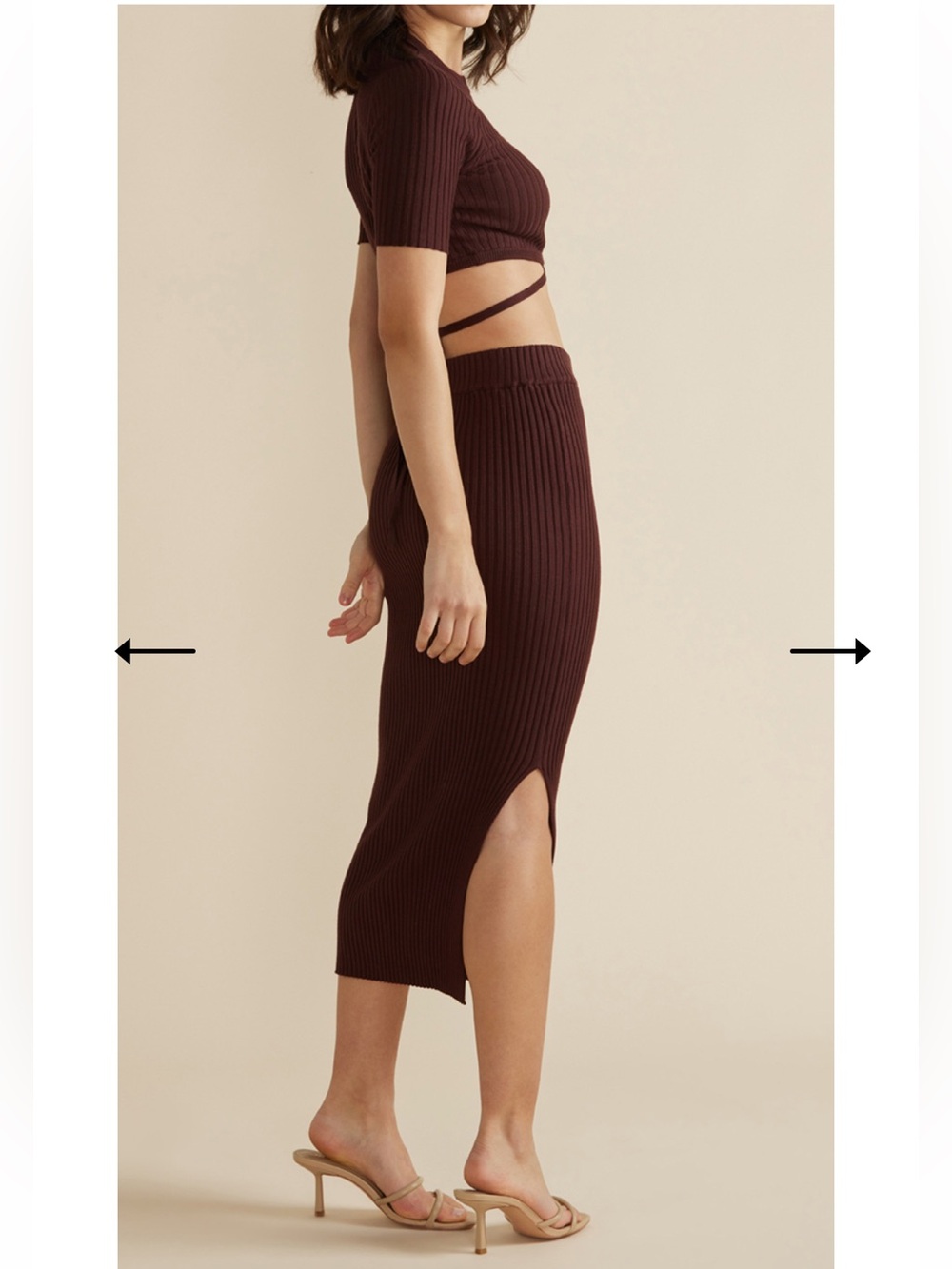 MINKPINK Set - Lynd Knit Ribbed Two-piece: Tie Crop Top & Midi Pencil Skirt - Picture 4 of 4